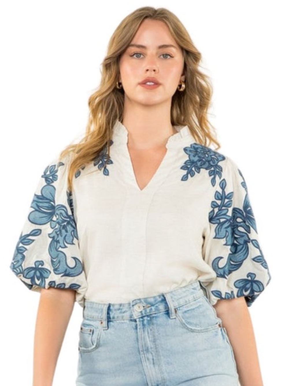 THML Blue Embroidered Detail Puff Sleeve V-Neck Top in Cream. Size S